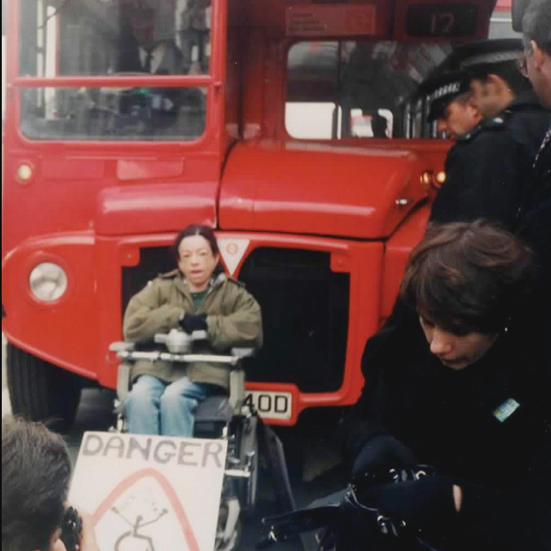 Liz Carr protesting with the Disabled People’s Action Network in 1994