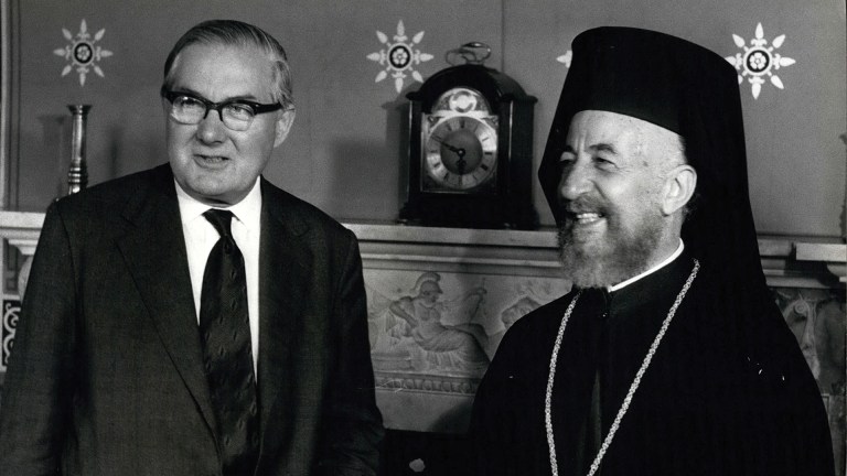Deposed Cypriot president Archbishop Makarios III meets the Labour government’s foreign secretary James Callaghan in London in 1974