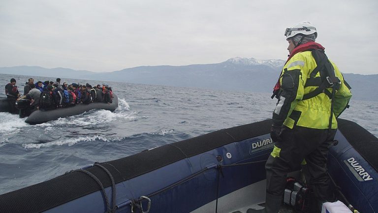 Refugees crossing the Mediterranean sea on a boat, heading from Turkish coast to the northeastern Greek island of Lesbos, 29 January 2016