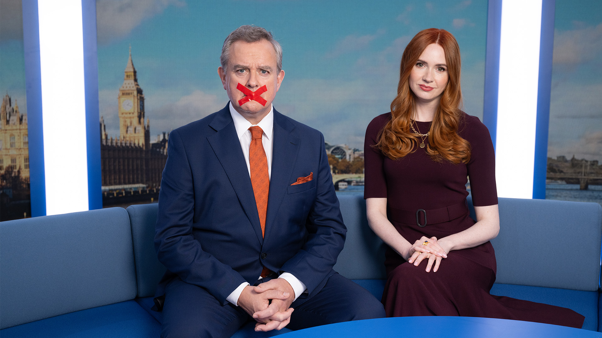 Hugh Bonneville and Karen Gillan in Douglas Is Cancelled