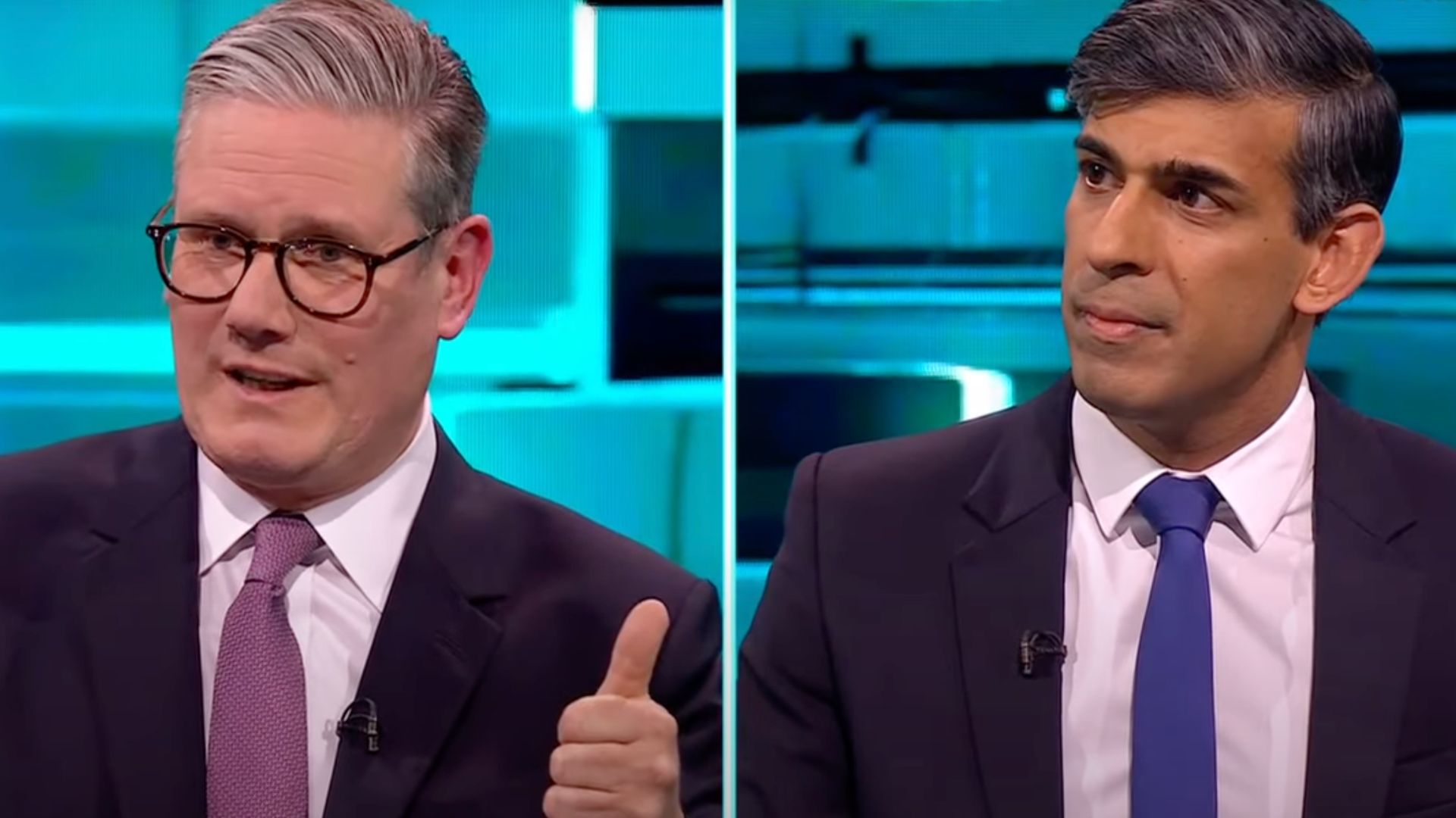 Screenshot of Rishi Sunak and Keir Starmer during the ITV News debate on Thursday 4 June