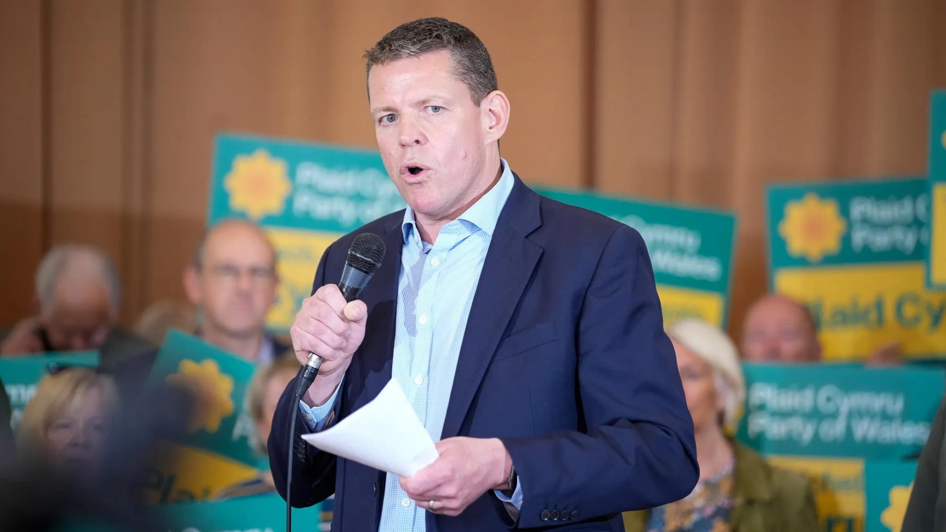 Rhun ap Iorwerth, leader of Plaid Cymru, speaks at an event