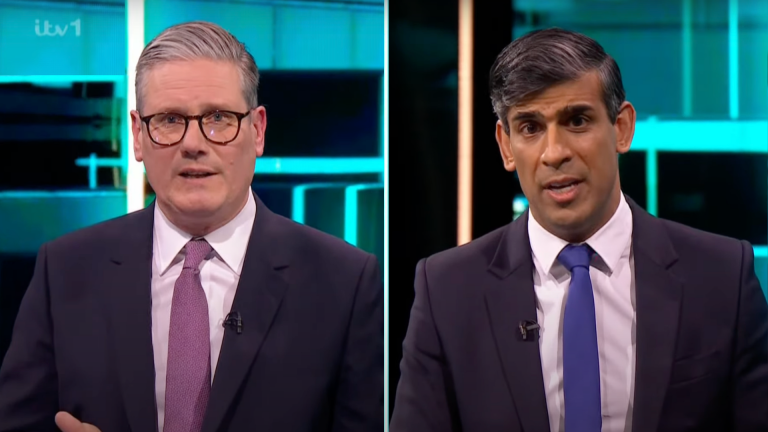 Keir Starmer and Rishi Sunak stand side by side during the first election debate on ITV