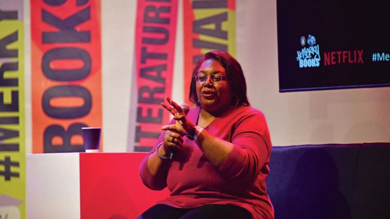 Malorie Blackman speaking at the Merky Books Literature Festival in 2023