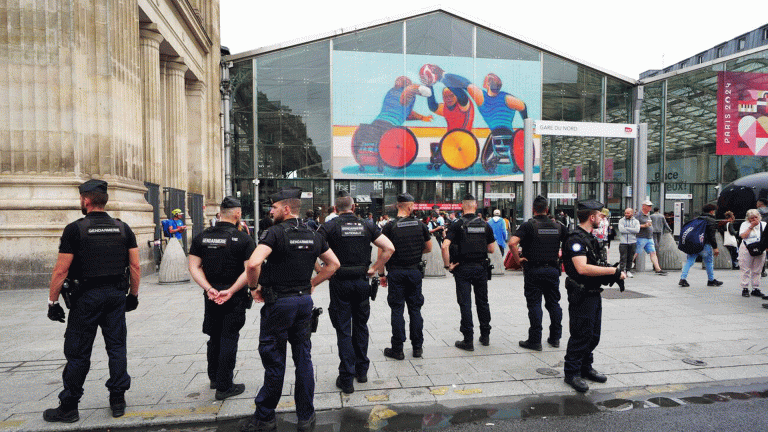 Gendarmes outside the Gare de Nord train station in Paris ahead of the 2024 Summer Olympic Games