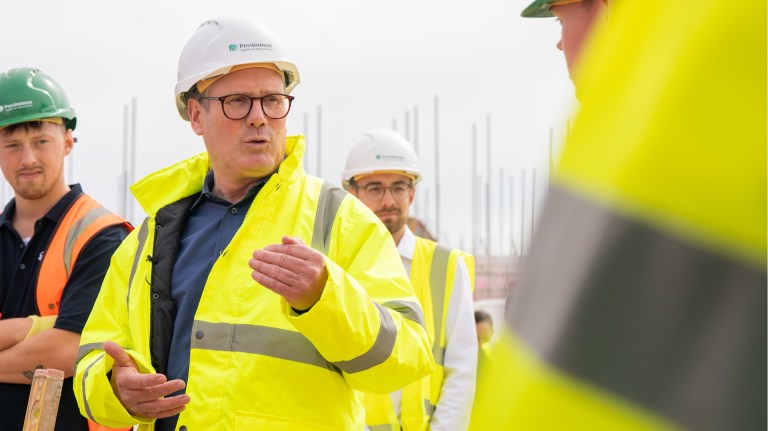 Keir Starmer, leader of the Labour Party, and Luke Charters, Labour’s candidate for York Outer, speak to apprentices at Persimmon Homes Germany Beck in York.