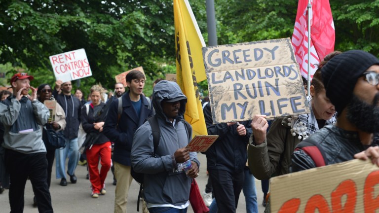 Protesters from the London Renters Union protest high rents in May 2024