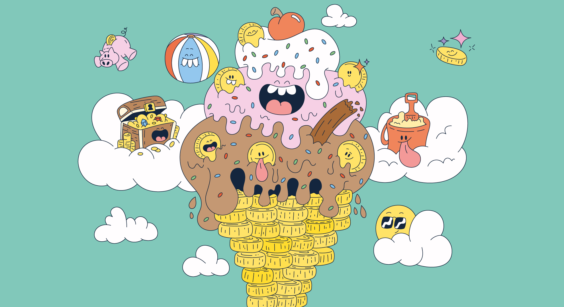 A whimsical cartoon illustration of a giant ice cream cone made of stacked gold coins. The ice cream scoops are brown and pink with sprinkles and have smiling coin characters emerging from them. Surrounding the ice cream are clouds, a piggy bank, a beach ball, a treasure chest filled with coins, and a sandbox bucket. The background is a soft teal color. The overall image suggests themes of money, savings, and summer fun.