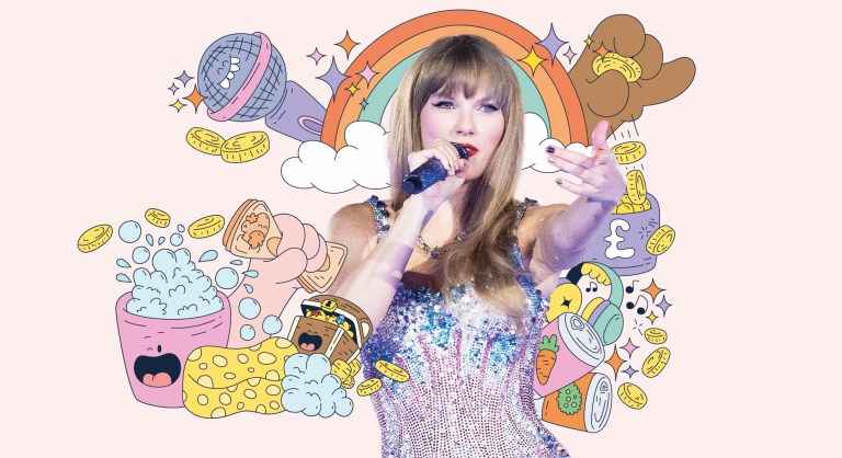 A colorful illustration featuring a photo of Taylor Swift performing in a sparkly blue dress, surrounded by cartoon-style drawings. The drawings include a disco ball, rainbows, clouds, coins, food items like cheese and canned goods, and various symbols representing money and music. The overall effect is whimsical and vibrant, connecting Swift's stardom with themes of finance and charity.