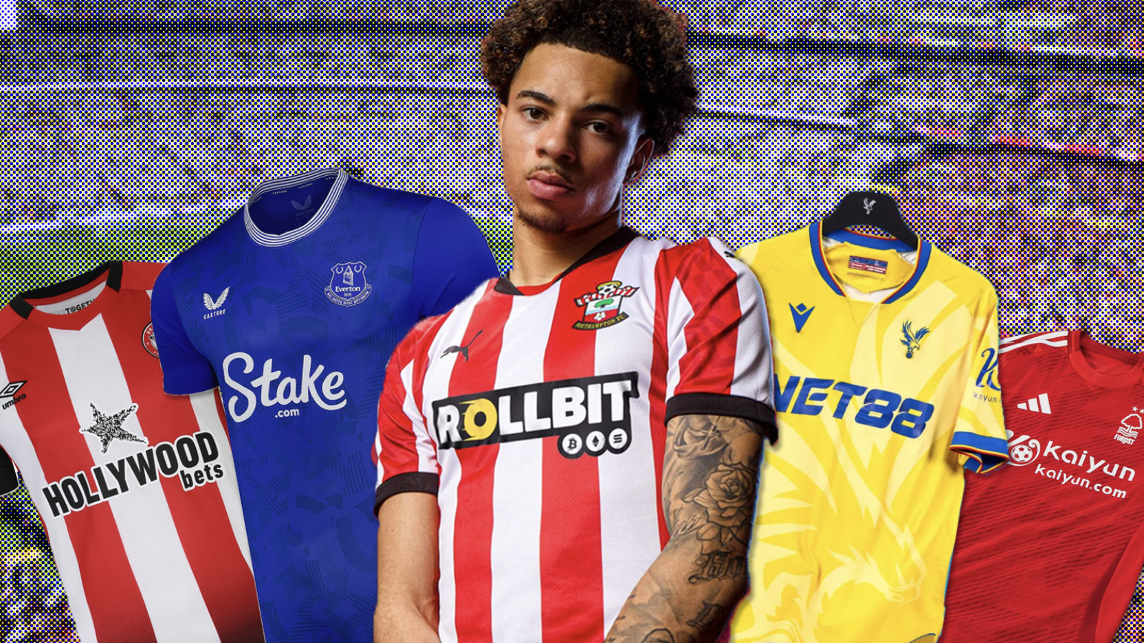 A montage of Premier League shirts from Brentford, Everton, Southampton, Nottingham Forest, and Crystal Palace, over a pixellated backdrop of Wembley Stadium as Southampton FC returned to the Premier League