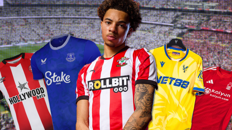 A montage of Premier League shirts from Brentford, Everton, Southampton, Nottingham Forest, and Crystal Palace, over a pixellated backdrop of Wembley Stadium as Southampton FC returned to the Premier League