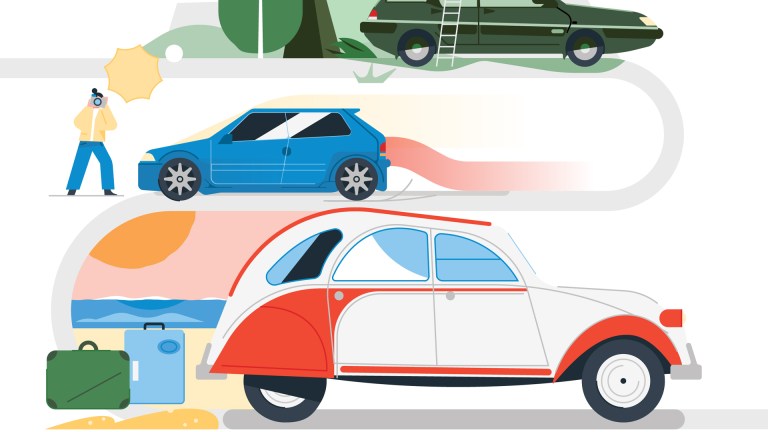 A stylized illustration showcasing three generations of Citroën cars. At the top, a classic green DS with a roof rack. In the middle, a modern blue hatchback, possibly a Saxo. At the bottom, an iconic red and white 2CV with luggage beside it. A figure with a camera stands near the blue car, capturing the scene. The background features abstract shapes suggesting travel and adventure.
