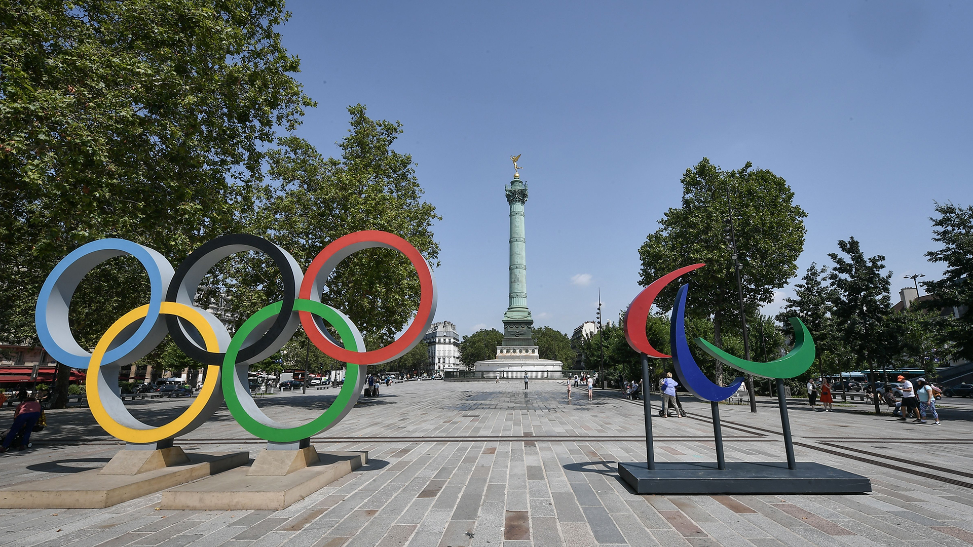 The Olympics and Paralympics symbols at the Bastille square in Paris.