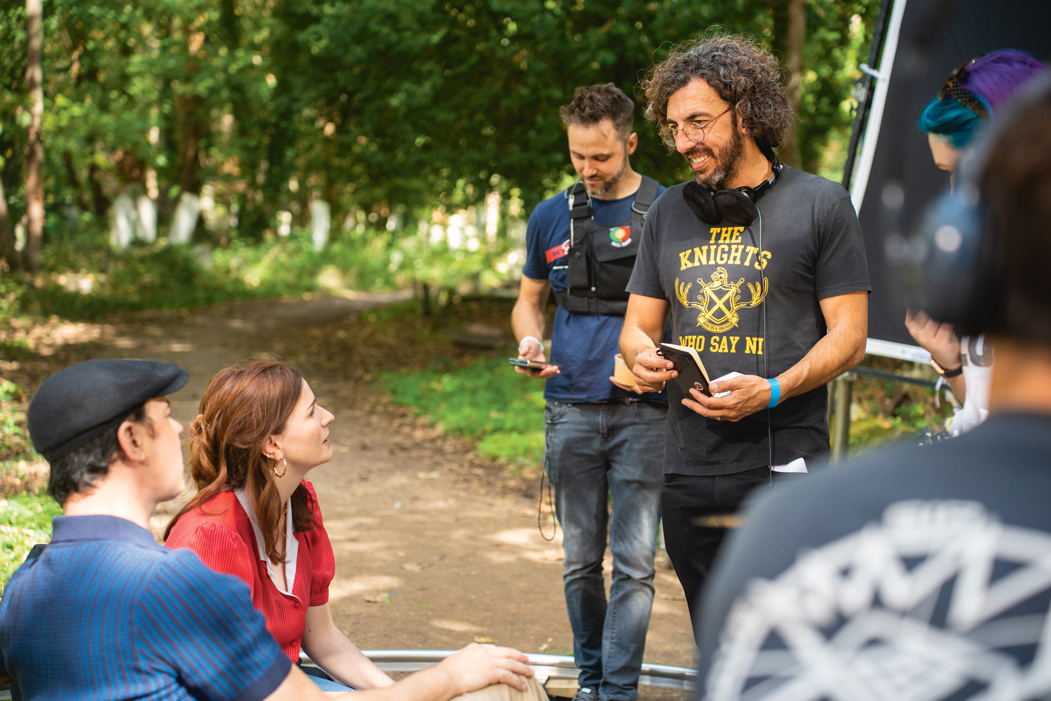 And Mrs director Daniel Reisinger on set with Aisling Bea and Colin Hanks