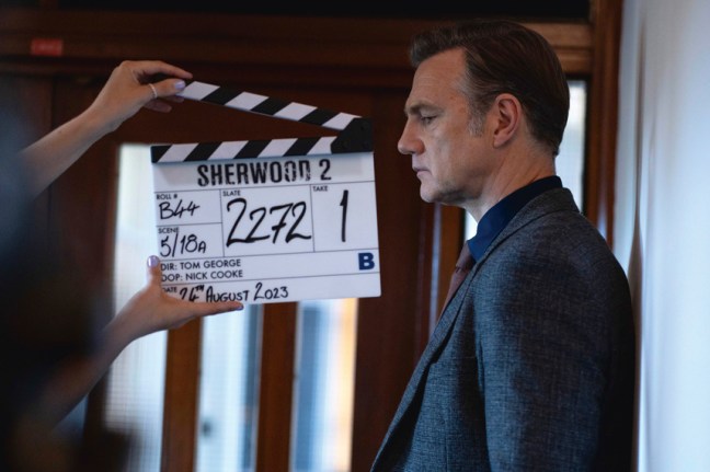 David Morrissey on set as Ian St Clair in Sherwood