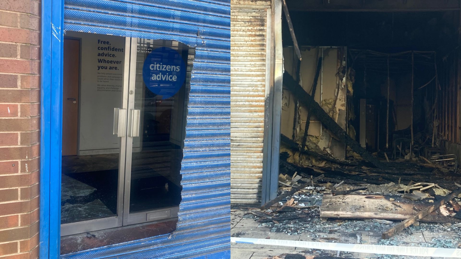 Composite image shows the Sunderland branch of Citizens Advice with a broken window, while the exterior is burnt by a fire