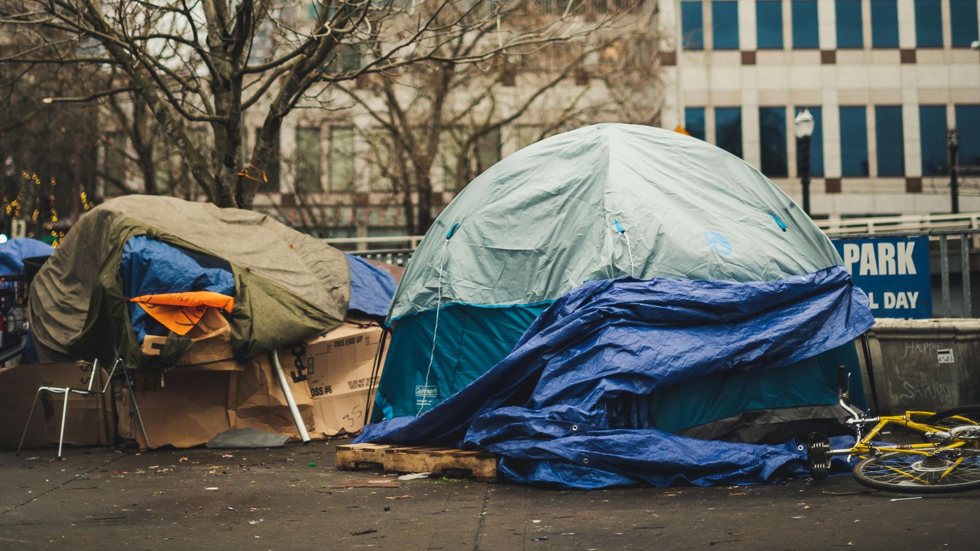 Image shows tents on a street to illustrate article on homelessness