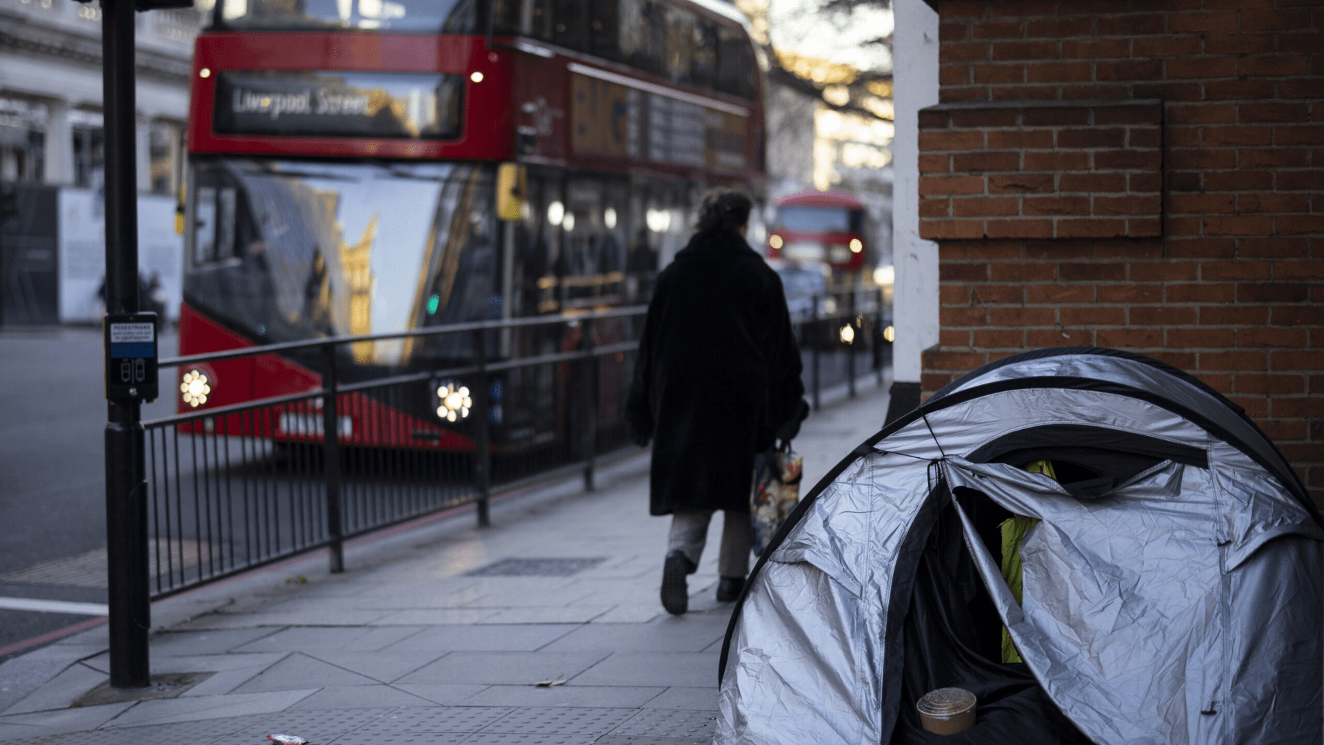 Stock image shows tent on a street in London