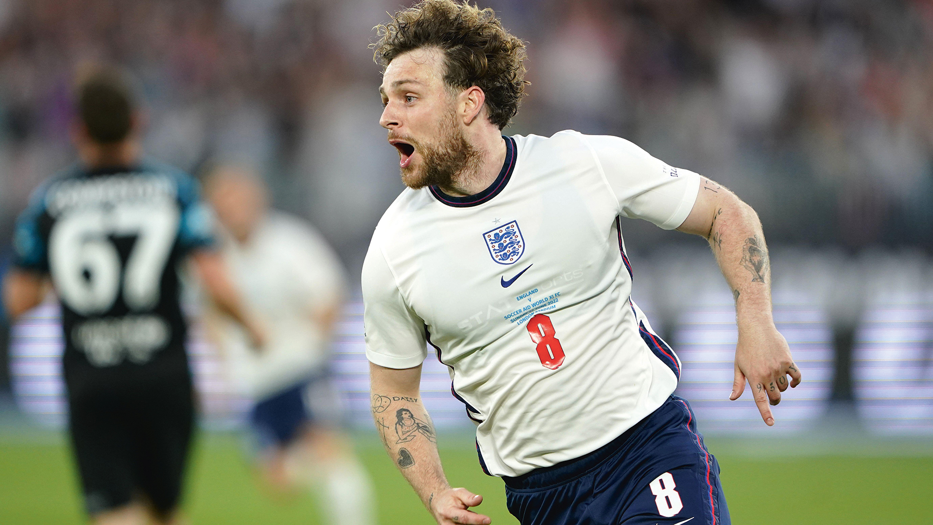 Tom Grennan playing for England at the Soccer Aid match for Unicef