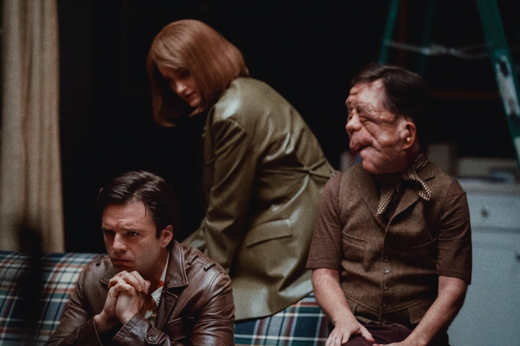 Adam Pearson with co-stars Sebastian Stan and Renate Reinsve in A Different Man