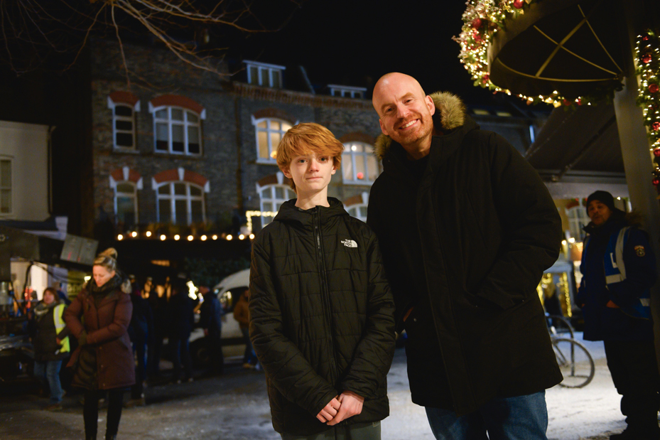 Matt Haig and Henry Lawfull on the set of A Boy Called Christmas