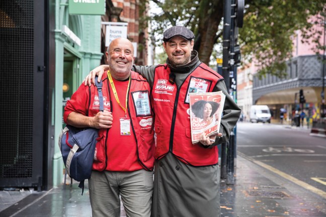 Andre Rostant and Danny Dyer selling The Big Issue on Charing Cross Road