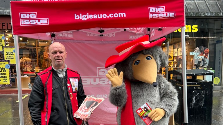 Big Issue vendor Earl John Charlton and a womble on the streets of Newcastle