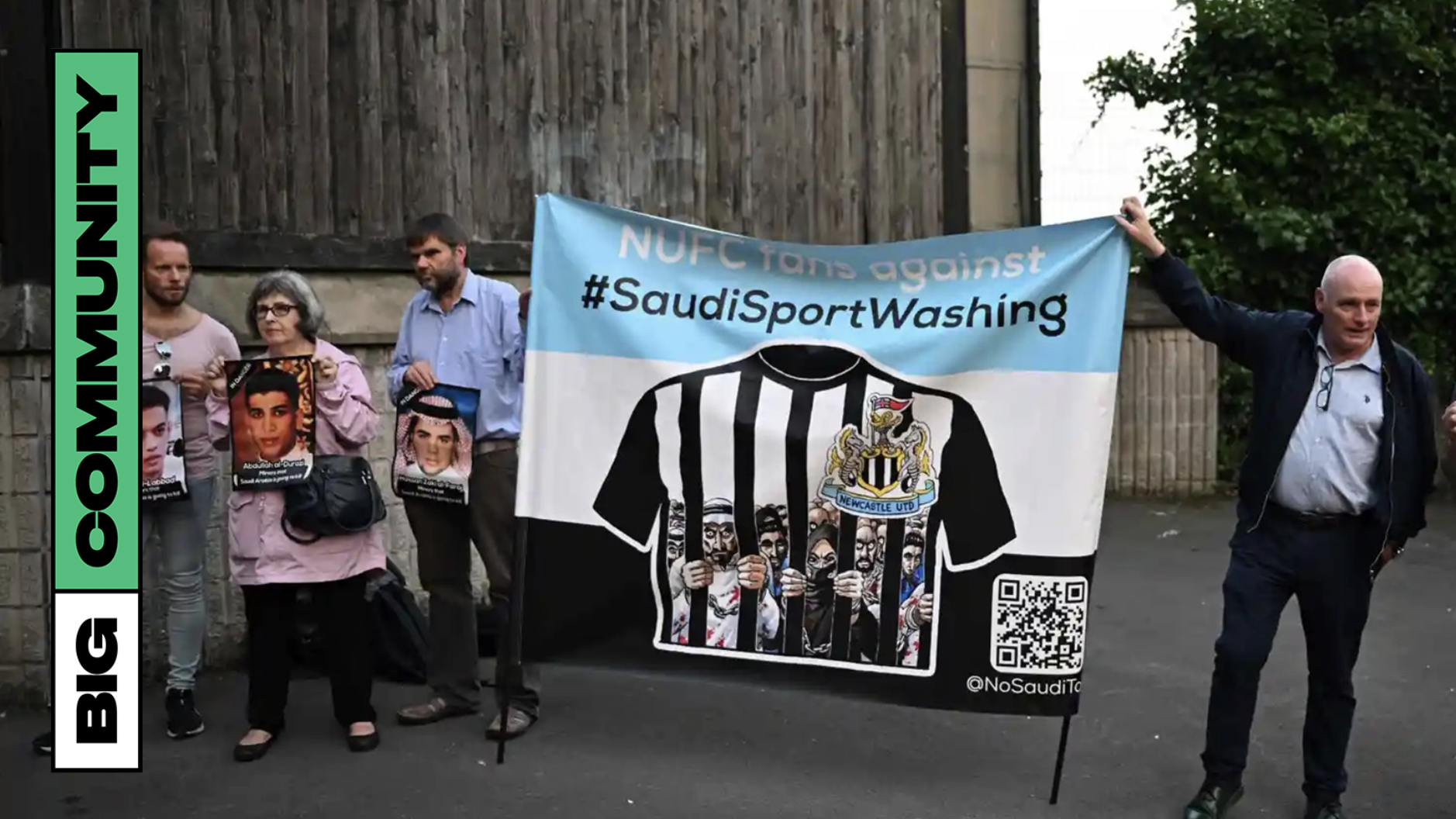 a group of fans protesting Newcastle United's new owners