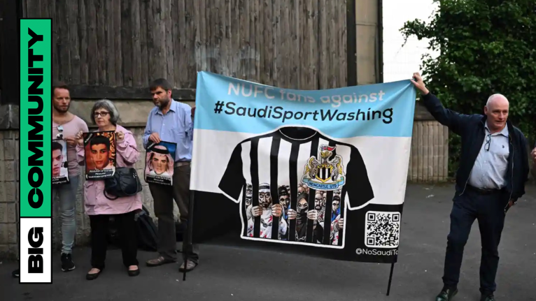 a group of fans protesting Newcastle United's new owners