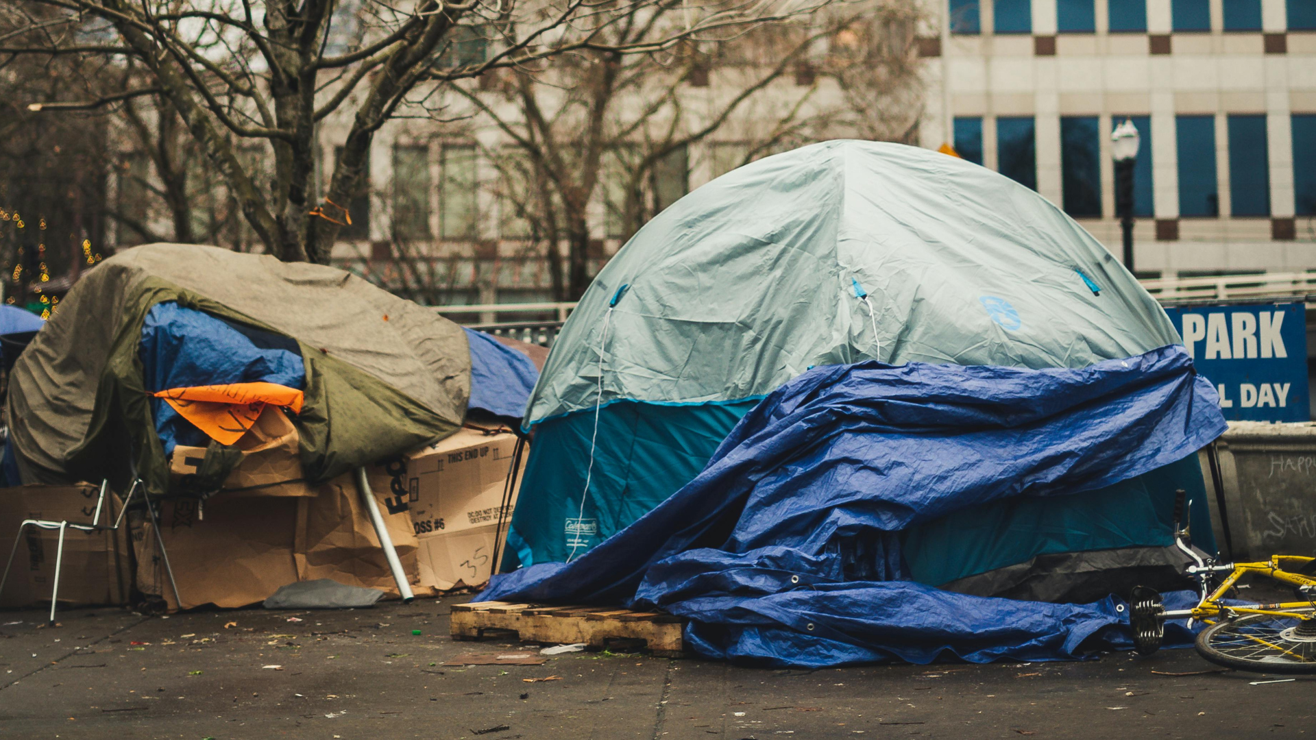 homeless peoples' tents in street