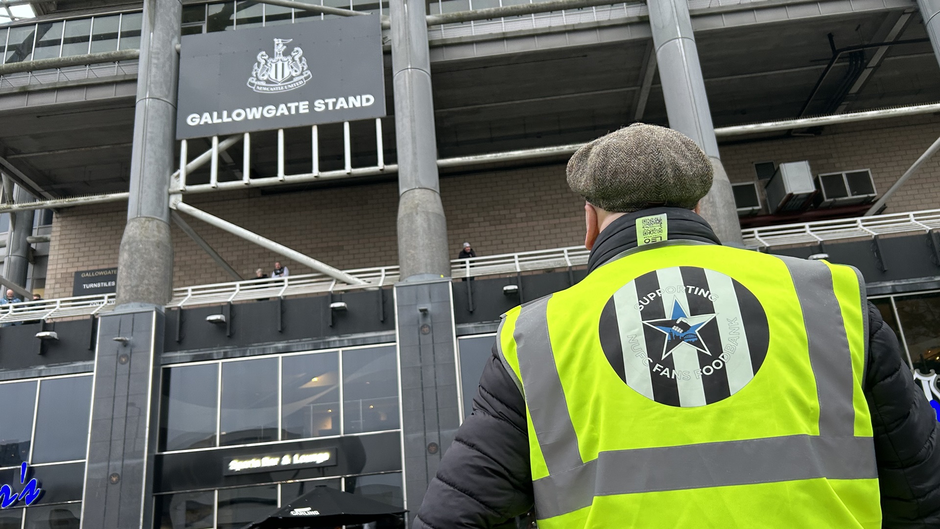 NUFC Fans Foodbank volunteer outside Newcastle United St James' Park stadium