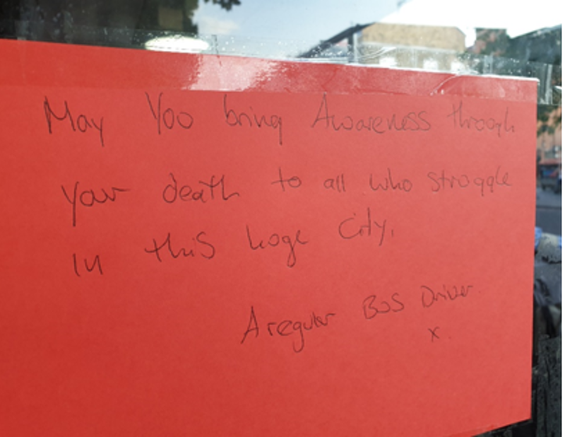 A note left by a bus driver in memory of someone who died while homeless in Cardiff