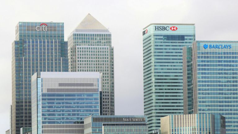 Row of banking buildings in Canary Wharf, London