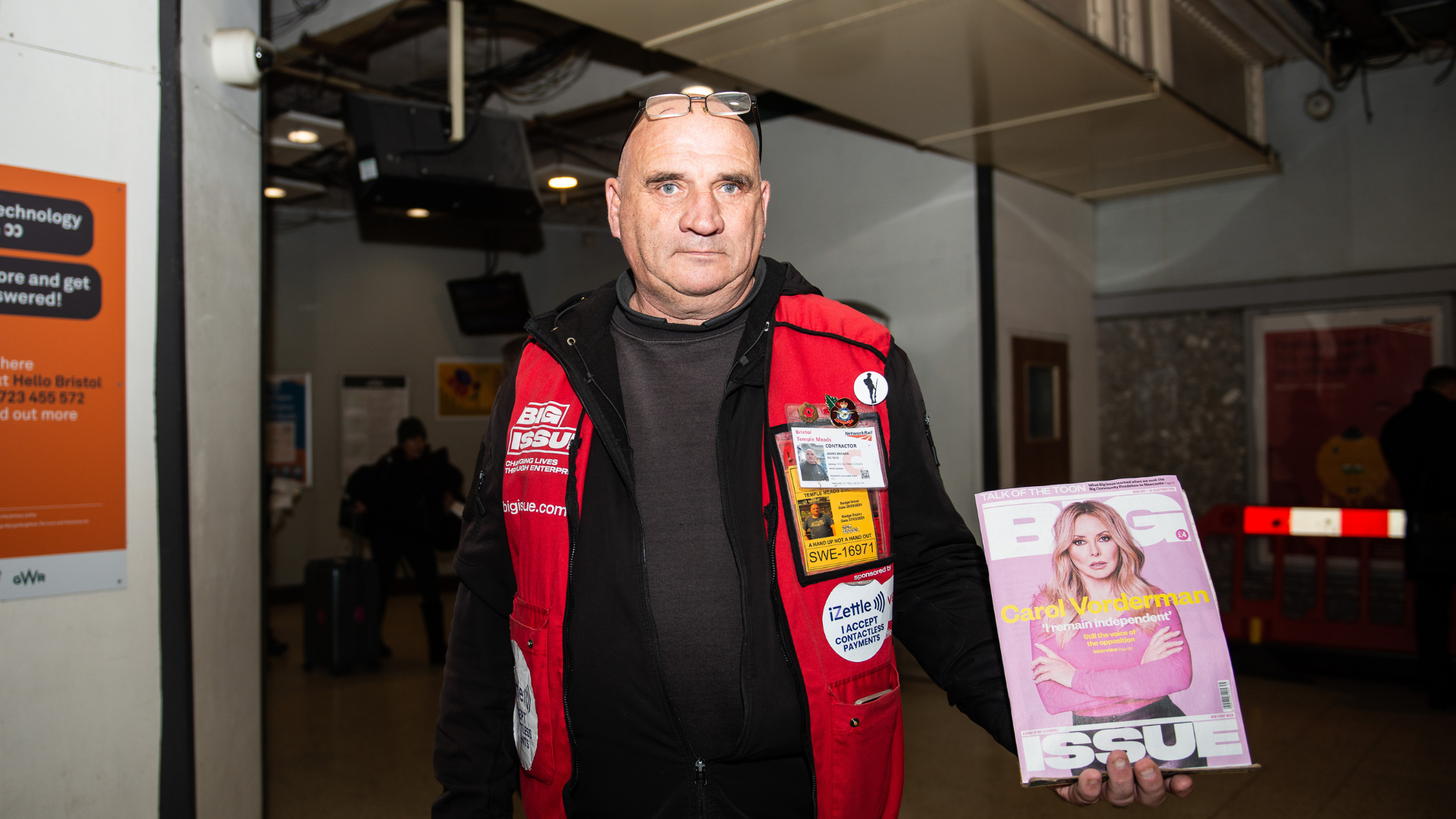 James Brewer selling the Big Issue at Bristol Temple Meads Station.