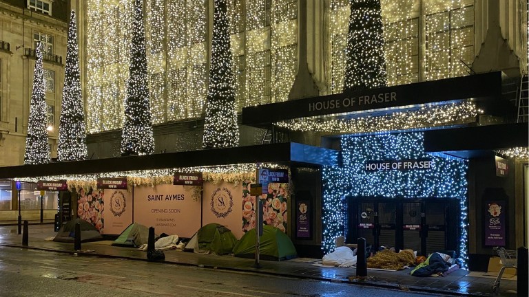 homeless tents on Oxford Street in London