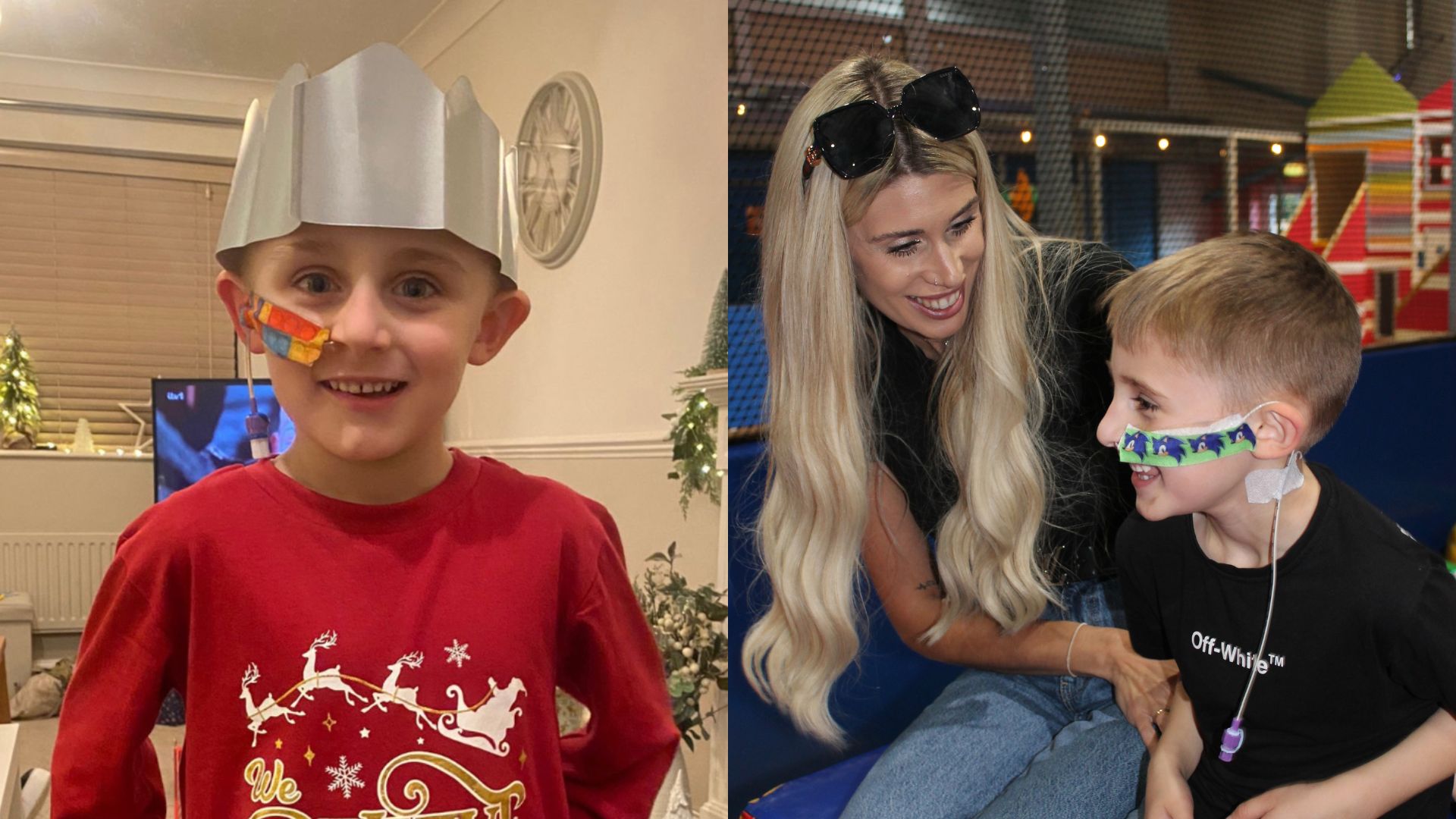 Two photos of five-year-old Fletcher with his mother, Hannah