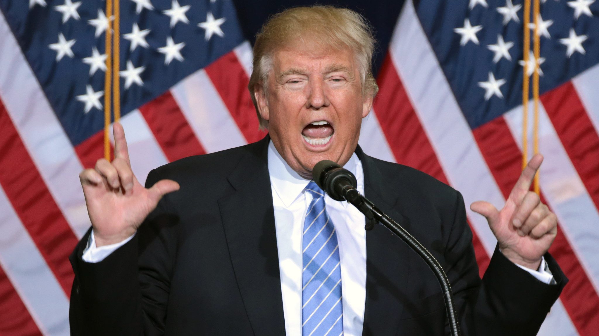 Donald Trump giving a speech with his hands either side of his face