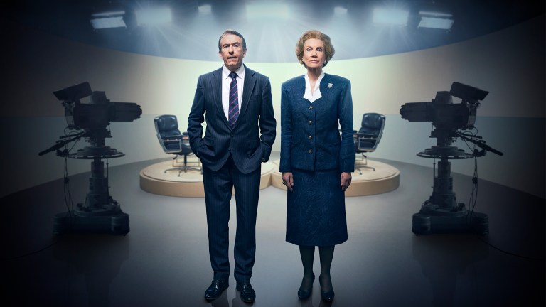 Steve Coogan as Brian Walden, alongside Harriet Walter as Margaret Thatcher, in Channel 4 drama Brian and Maggie