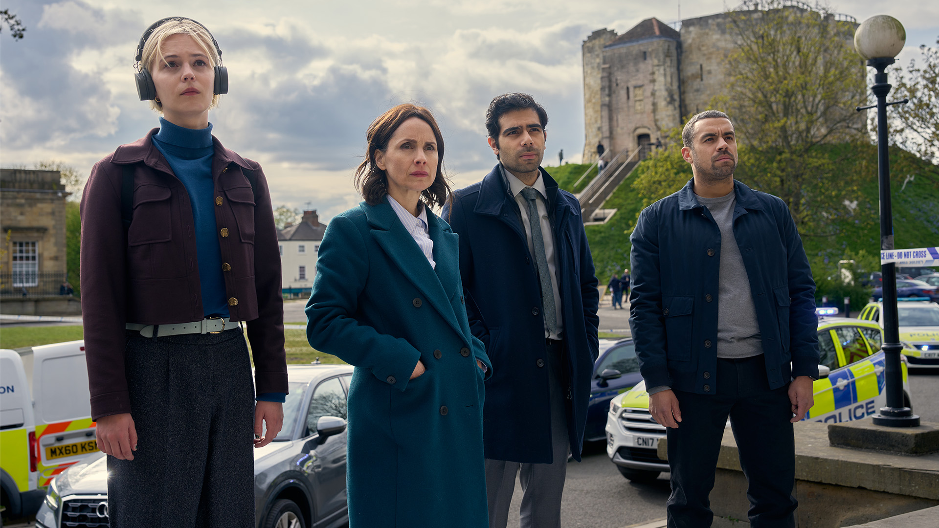 The lead characters in Channel 4 drama Patience – Patience Evans (Ella Maisy Purvis), DI Bea Metcalf (Laura Fraser) DC Will Akbari (Ali Ariaie) and DS Jake Hunter (Nathan Welsh - this picture shows them in front of Clifford's Tower in York