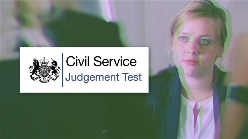 a woman in business attire sits with a "Civil Service Judgement Test" logo superimposed in fron